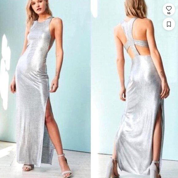 Anthropologie Dresses & Skirts - Anthropologie S Slinky Stretch Silver Maxi Dress Sexy Cutout Racer Back Crewneck